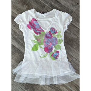 L.A. Conduct Girls Floral Tulle Top‎ Ruffle Sleeve White Shirt Size 6/7